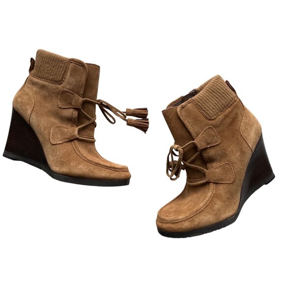 Franco Sarto Brown Wedge Lace Up Ankle Boots Westerly Suede Tassels Size 7 - Picture 2 of 7